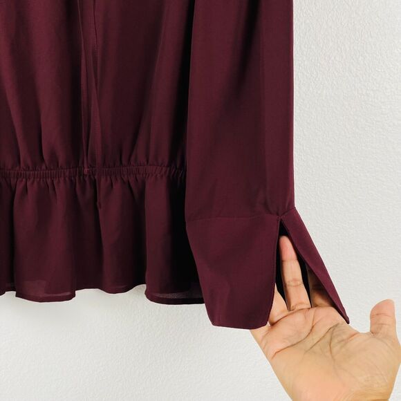 Worthington Blouse Tie Neck L Burgundy Velvet‎ Upper Bell Sleeves NWT - Picture 6 of 11